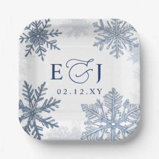 Plato De Papel Boda de Invierno Copos de Nieve Azules Plata Monog
