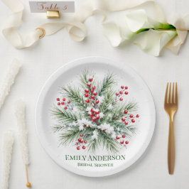 Plato De Papel Boda de Invierno de Pino y Bayas Rojas