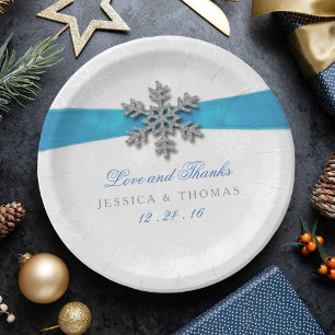 Plato De Papel Boda de Invierno Diamante Snowflake & Blue Ribbon
