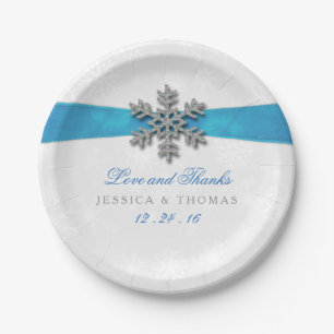 Plato De Papel Boda de Invierno Diamante Snowflake & Blue Ribbon