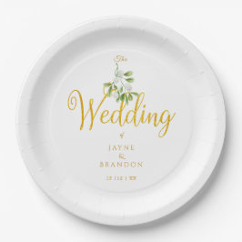 Plato De Papel Boda de Invierno Elegante Guión de Oro Muérdago