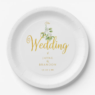 Plato De Papel Boda de Invierno Elegante Guión de Oro Muérdago
