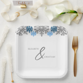 Plato De Papel Boda de Invierno Silver Blue Snowflakes