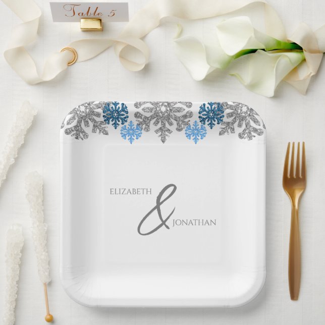 Plato De Papel Boda de Invierno Silver Blue Snowflakes (Boda)