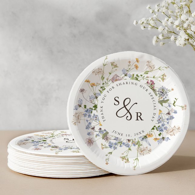 Plato De Papel Boda de jardín de flores silvestres de primavera c (Colorful Spring Wildflower Meadow Garden Wedding Paper Plates)