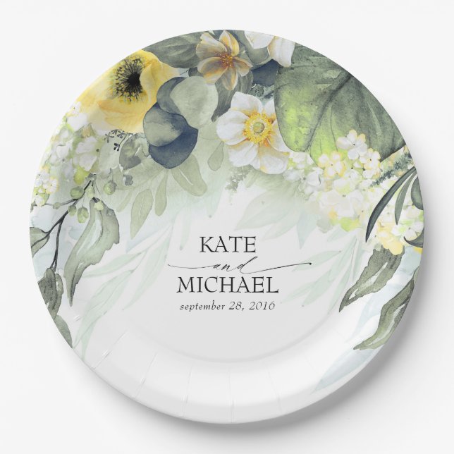 Plato De Papel Boda de jardín soñadora floral amarilla (Anverso)