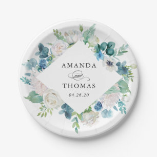 Plato De Papel Boda de la guirnalda floral del Pastel blanco verd