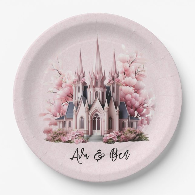Plato De Papel Boda de la iglesia acuarela rosa (Anverso)