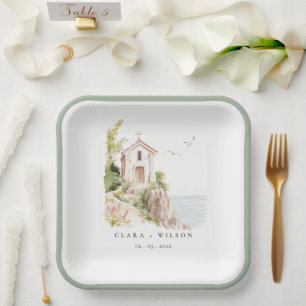 Plato De Papel Boda de la Iglesia Católica de la Acuarela Costera