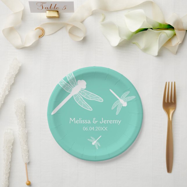 Plato De Papel Boda de la libélula verde azulada (Boda)