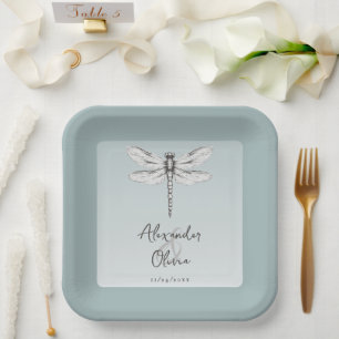 Plato De Papel Boda de la libélula verde azulada