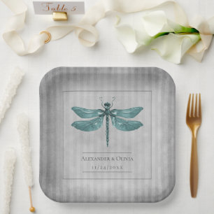Plato De Papel Boda de la libélula verde azulada