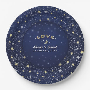 Plato De Papel Boda de la Luna y las Estrellas de Amor Azul de la