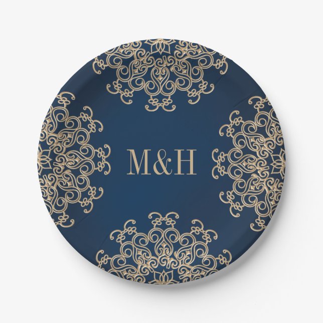 Plato De Papel Boda de la Marina Monogramada y Gold Indian Style (Anverso)