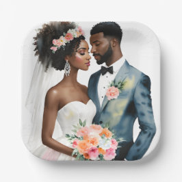 Plato De Papel Boda de la pareja de novias afroamericana