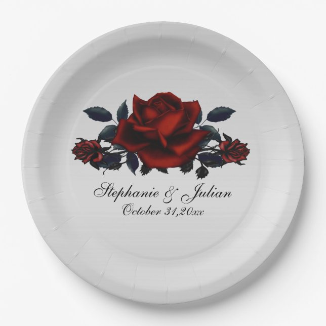 Plato De Papel Boda de la Rosa Roja Gótica (Anverso)
