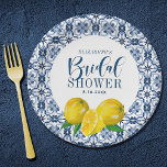 Plato De Papel Boda de la tela azul de Lemon Italian Gracias Pega<br><div class="desc">Placa de papel de limón de bonito con mampostería de limones y azulejos italianos. Perfecto para tu ducha de novia con limón azul azules. Diseñado para ti por Blackberry Boulevard.</div>
