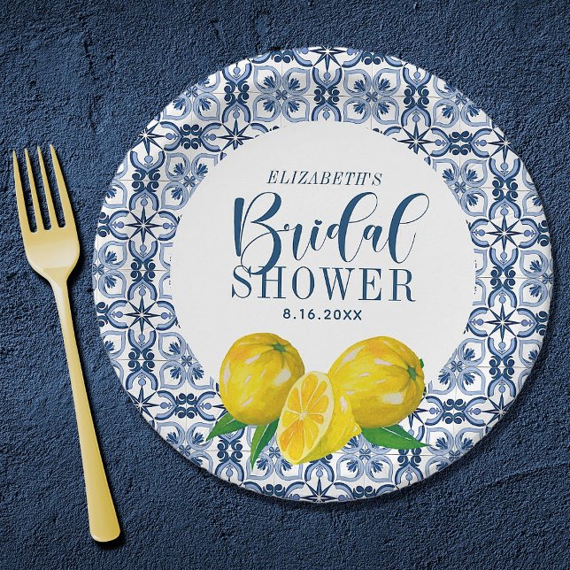 Plato De Papel Boda de la tela azul de Lemon Italian Gracias Pega (An elegant lemon Mediterranean bridal shower paper plate)