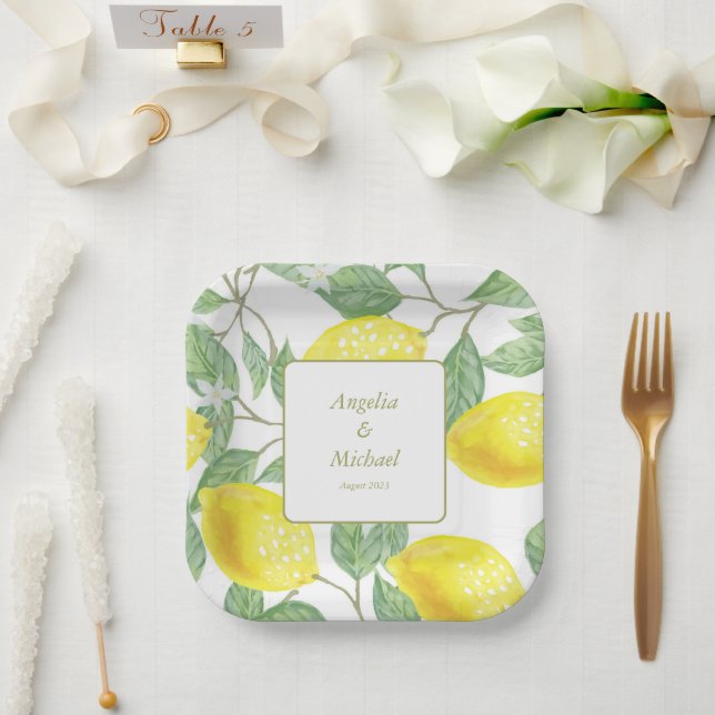 Plato De Papel Boda de las hojas verdes de oro de lémones amarill (Boda)