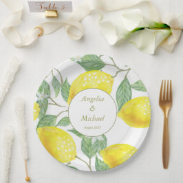 Plato De Papel Boda de las hojas verdes de oro de lémones amarill