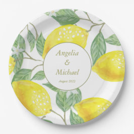 Plato De Papel Boda de las hojas verdes de oro de lémones amarill