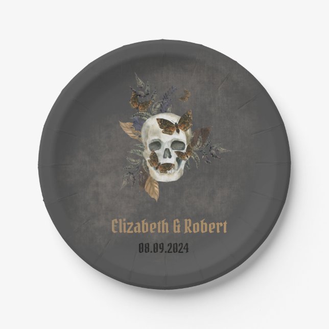 Plato De Papel Boda de las mariposas florales góticas del cráneo (Anverso)
