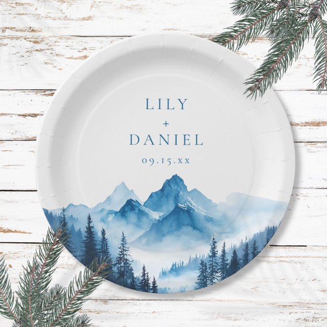Plato De Papel Boda de las Montañas Azules del Boho Rústico (Rustic Boho Watercolor Blue Mountains Wedding Paper Plates)