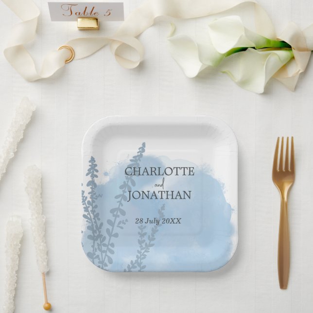 Plato De Papel Boda de lavado de acuarela azul celestial (Boda)