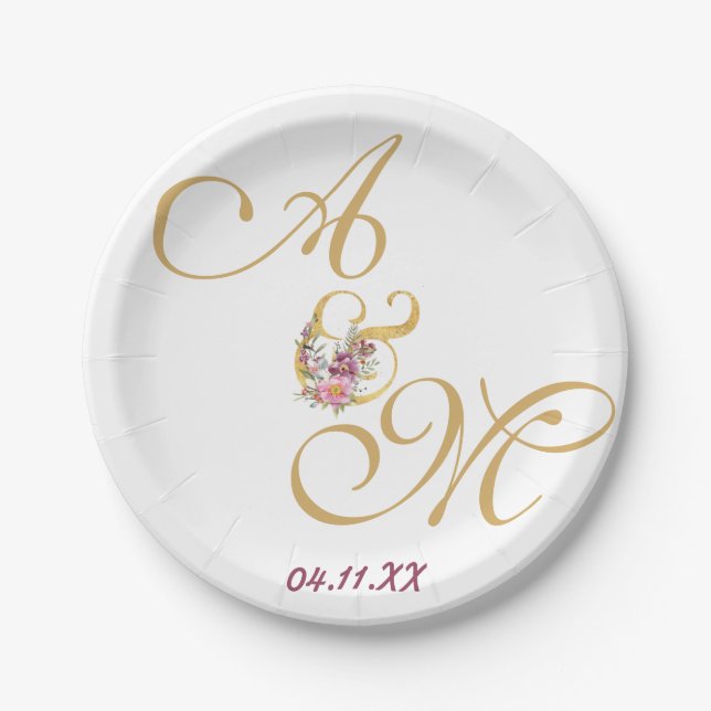 Plato De Papel Boda de letras Gold MONOGRAM PERSONALIZADO (Anverso)