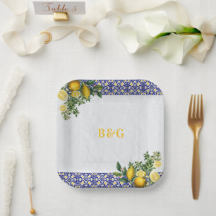 Plato De Papel Boda de limón azul blanco amarillo mediterráneo