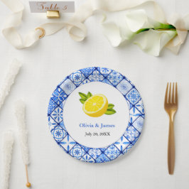 Plato De Papel Boda de limón azul de mosaico italiano mediterráne