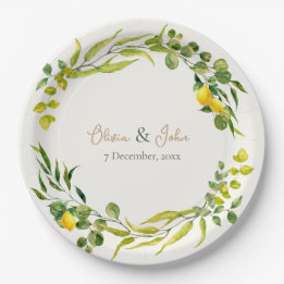 Plato De Papel Boda de limón de acuarela amarilla y verde cítrico