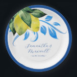Plato De Papel Boda de limón mediterráneo Mesa Decoración Azul<br><div class="desc">Diseñado para coordinar con Do Tell A Belle's Mediterranean Boda Suite, este plato de papel presenta una réplica de mi limón acuarela en tonos amarillos con botánicos azules y verdes. Personalice su nombre y fecha de boda. Para cualquier otra personalización o coincidencia de elementos, por favor no dude en enviarme...</div>