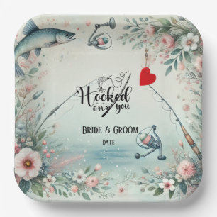 Plato De Papel Boda de los amantes de la pesca con vara y flores