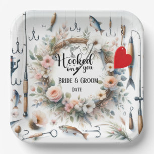 Plato De Papel Boda de los amantes de la pesca con vara y flores