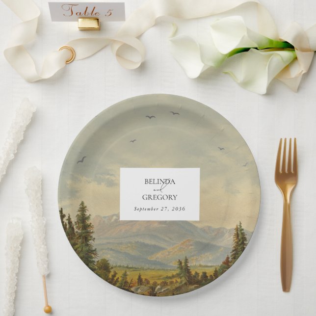 Plato De Papel Boda de los montes de los bosques de pino acuarela (Boda)