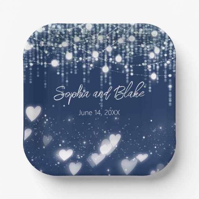 Plato De Papel Boda de luces colgantes azules y blancas (Anverso)