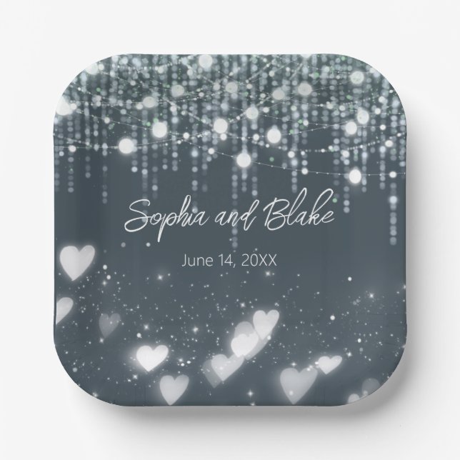 Plato De Papel Boda de luces colgantes grises y blancas (Anverso)