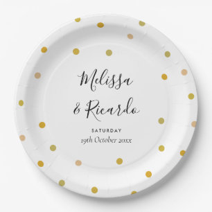 Plato De Papel Boda de lunares dorados elegantes