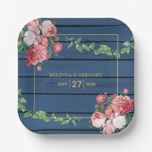 Plato De Papel Boda de madera azul marino vintage rosas rosadas y