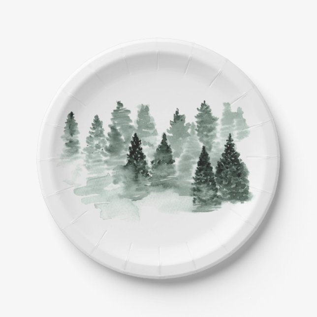 Plato De Papel Boda de madera blanca y verde acuarela (Anverso)