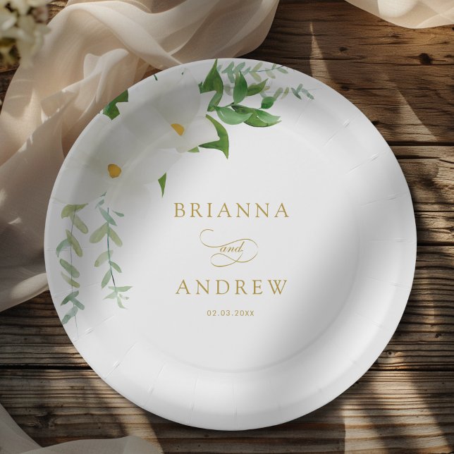Plato De Papel Boda de Magnolia Floral Elegante (Elegant Floral Magnolia Wedding Paper Plates)