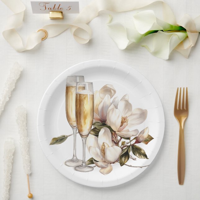 Plato De Papel Boda de Magnolias y Gafas de Champagne (Boda)