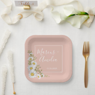 Plato De Papel Boda de margaritas modernas rosadas y blancas