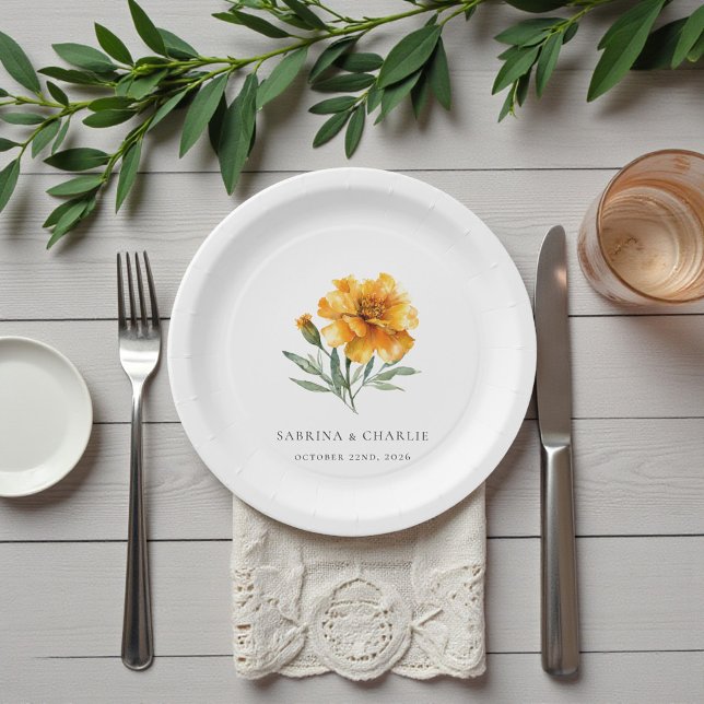 Plato De Papel Boda de Marigold Elegante Floral Otoño (Marigold Wedding Elegant Floral Fall Paper Plates)