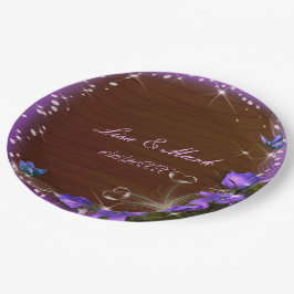 Plato De Papel Boda de mariposa floral púrpura de madera oscura r