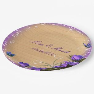 Plato De Papel Boda de mariposa floral púrpura de madera rústica