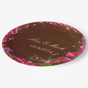 Plato De Papel Boda de mariposa floral rosada de madera de estilo