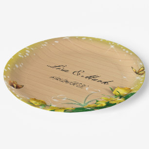Plato De Papel Boda de mariposa floral rubia de madera amarilla