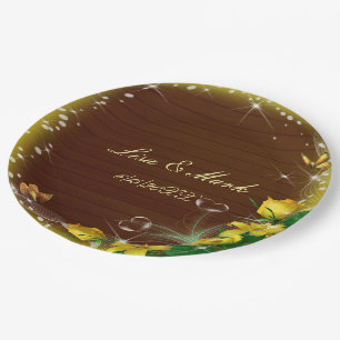 Plato De Papel Boda de mariposa floral rubia de madera oscura ama